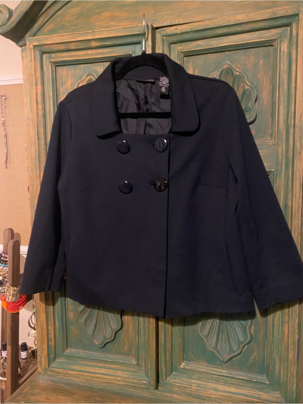 New York & Company Navy Double-Breasted Cropped Peacoat